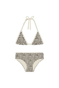 Front view of Palma top and Seychelles bottom set in black gingham showcasing triangle halter top with adjustable ties and high-rise bottoms on white background