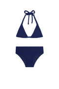 Navy textured knit two-piece bikini, halter triangle top with neck tie and high-waist brief bottoms