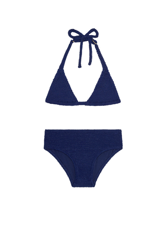 Navy textured knit two-piece bikini, halter triangle top with neck tie and high-waist brief bottoms