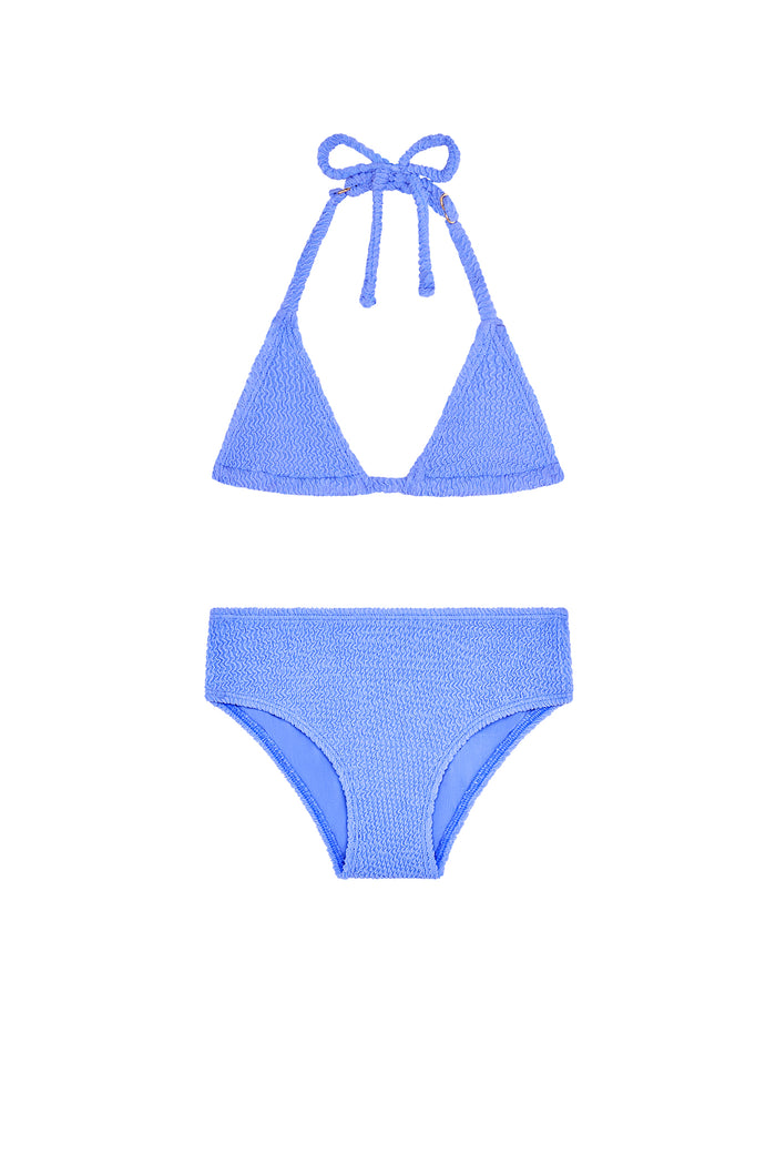 Textured light blue two-piece bikini — triangle halter top tied at neck and high-rise briefs on white background