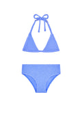 Textured light blue two-piece bikini — triangle halter top tied at neck and high-rise briefs on white background