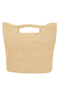 Close-up front of Paloma Bag (Large) showing hand-crocheted straw texture, cutout handles and gold MONDAY logo on white