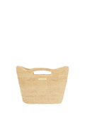 Front view of Paloma Mini Bag showing natural straw crochet texture, built-in top handle and gold MONDAY logo on white background