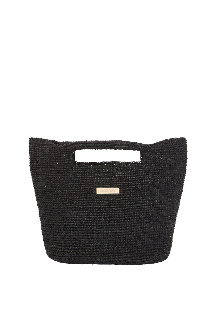 Top-front view of Small Paloma Bag in black showcasing woven raffia texture, cutout handle and gold MONDAY logo on white background