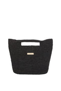 Top-front view of Small Paloma Bag in black showcasing woven raffia texture, cutout handle and gold MONDAY logo on white background
