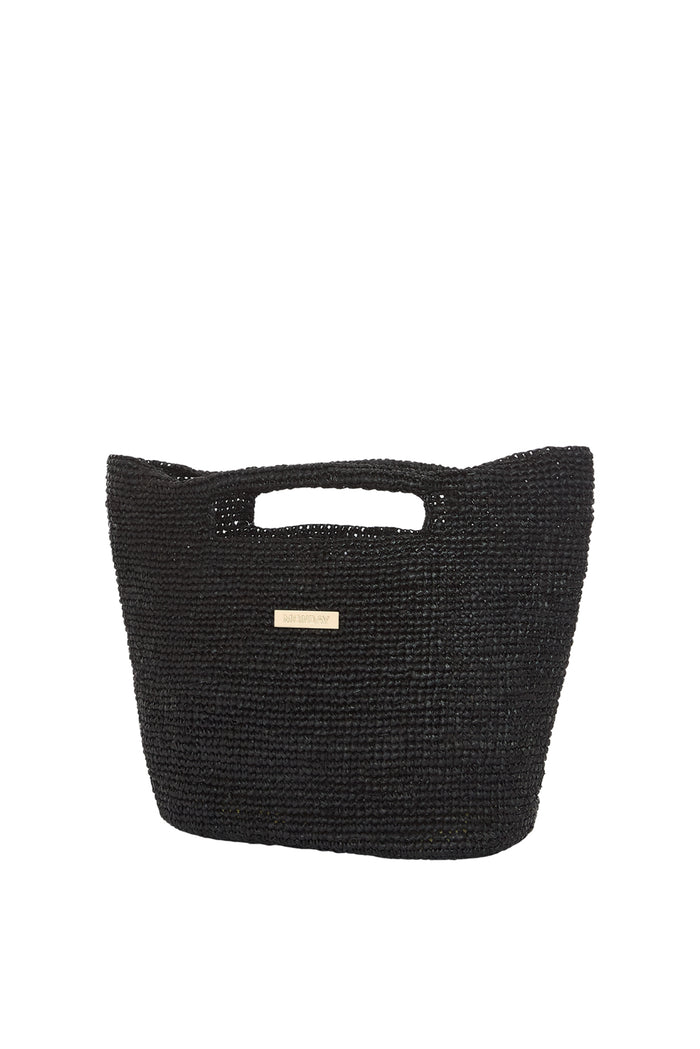 Front view of Paloma Bag Small in black showcasing woven raffia, cutout handle and gold MONDAY logo on white background
