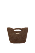 Front view of Paloma Mini Bag in espresso showing hand-crocheted raffia, cutout handles and gold logo plaque