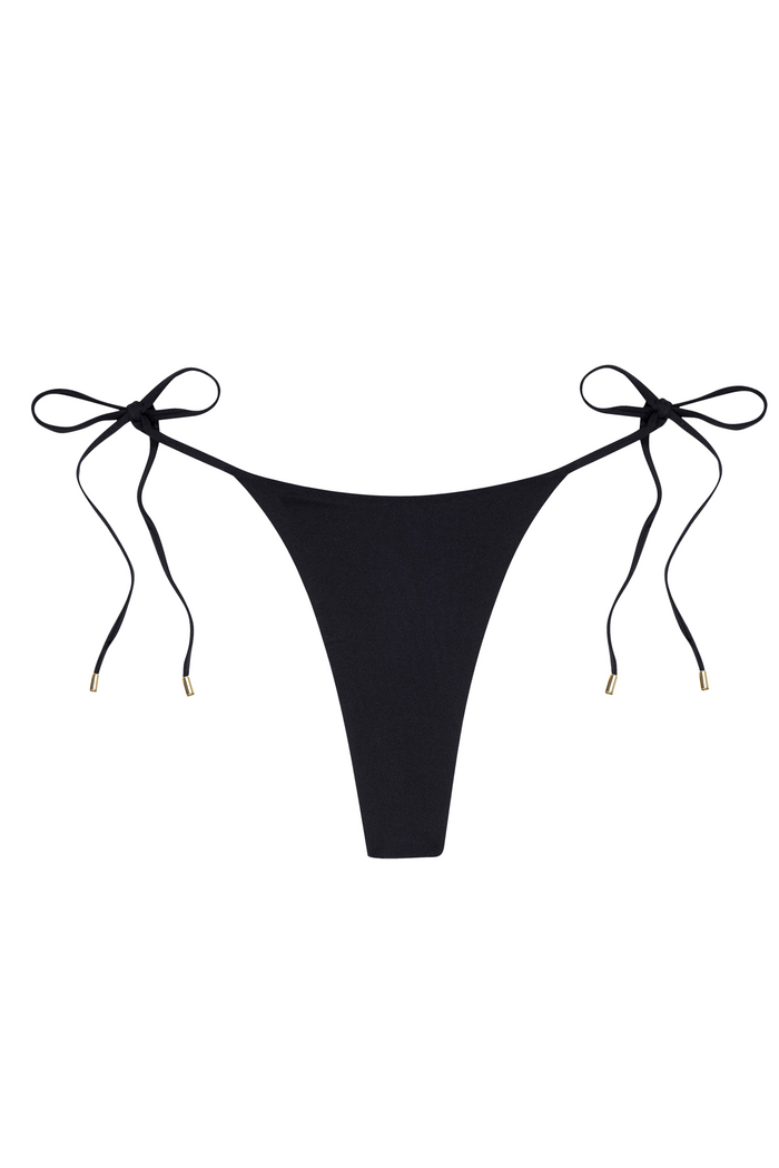 Front view of Palomino Bottom bikini bottom in black showcasing high-rise, high-cut leg and adjustable tie sides with gold tips on white background