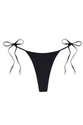 Front view of Palomino Bottom bikini bottom in black showcasing high-rise, high-cut leg and adjustable tie sides with gold tips on white background