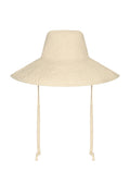 Beige wide-brim sun hat with tall crown, quilted brim and long chin straps