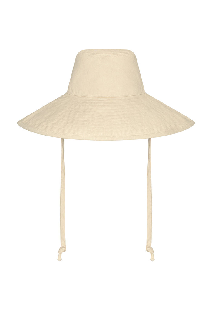 Beige wide-brim sun hat with tall crown, quilted brim and long chin straps