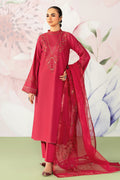 NAQSHI Paro red 3PC ready to wear embroidered pima lawn suit with straight shirt, cambric trousers and organza dupatta for festive events