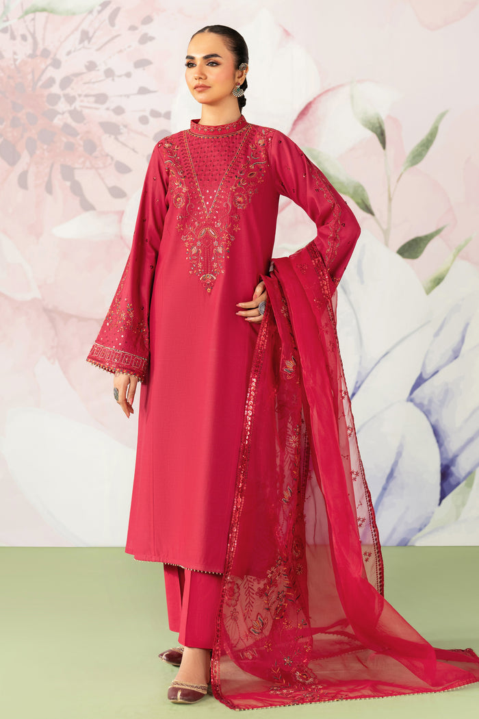 NAQSHI Paro red 3PC ready to wear embroidered pima lawn suit with straight shirt, cambric trousers and organza dupatta for festive events
