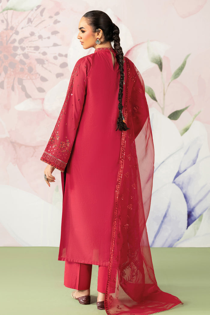 Back view of Paro red embroidered long pima lawn shirt with straight trousers and flowing organza dupatta women occasion outfit
