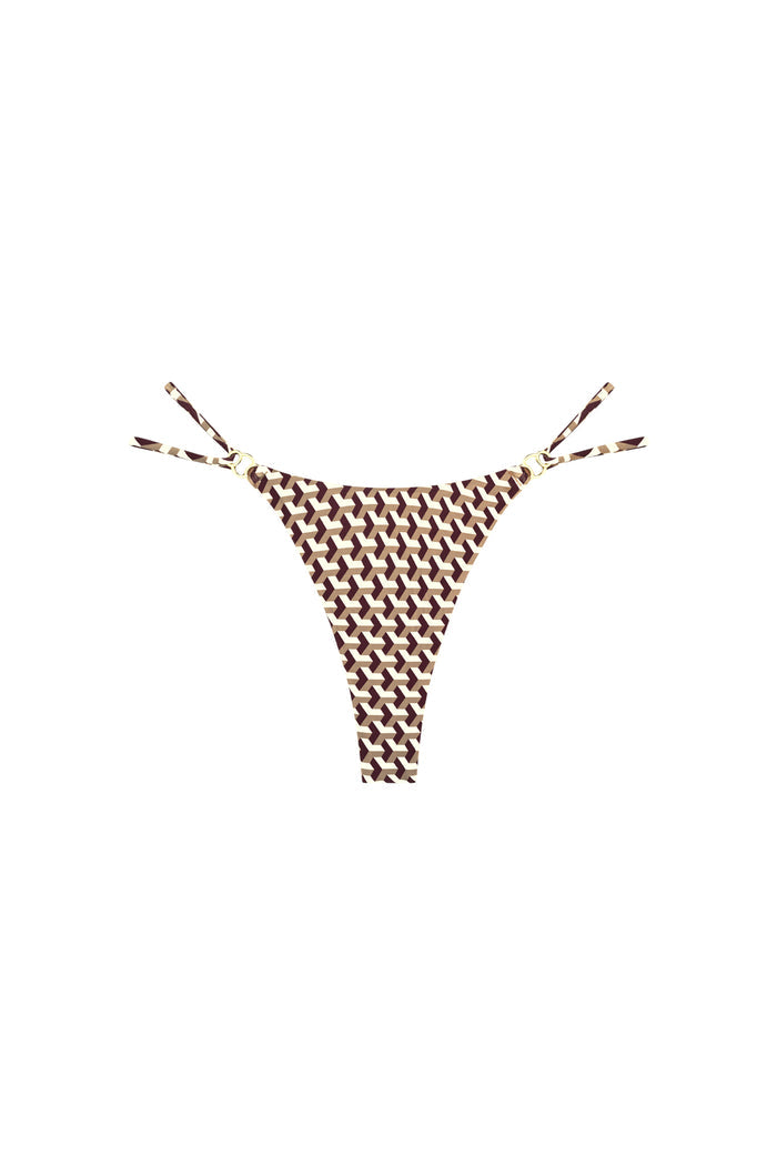 Front view of Petit Ermitage bottom in Husk Geo showing brown-and-white geometric print and thin side ties with gold rings on white background
