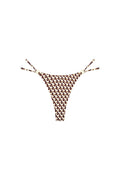 Front view of Petit Ermitage bottom in Husk Geo showing brown-and-white geometric print and thin side ties with gold rings on white background