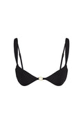 Front view of Petit Ermitage Top in black, small bust, showing gold front hardware and adjustable straps on white background
