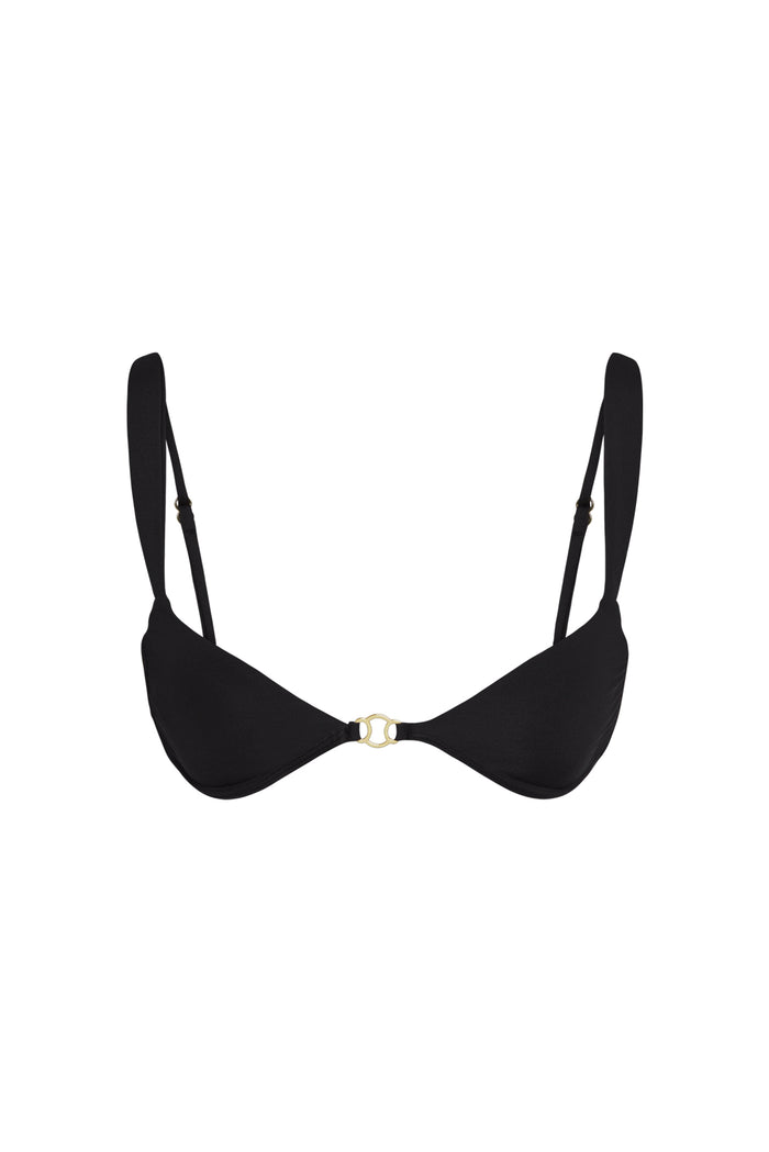 Front view of Petit Ermitage Top in black, small bust, showing gold front hardware and adjustable straps on white background
