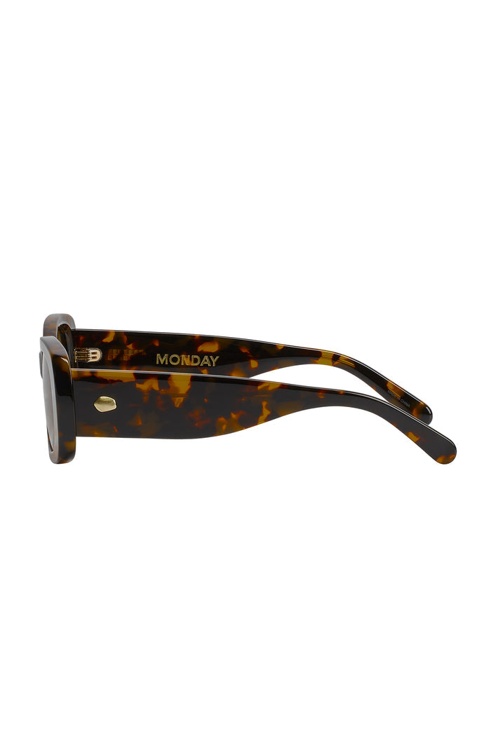 Tortoiseshell sunglasses side view showing 'MONDAY' printed on inner temple and 'MADE IN CHINA' on tip.
