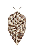 Front close-up of Prato Top in Husk Geo Silk showing halter tie and brown-and-cream geometric print on white background