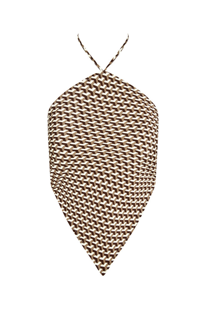 Front close-up of Prato Top in Husk Geo Silk showing halter tie and brown-and-cream geometric print on white background