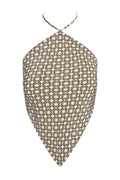 Front view of Prato Top Tile Geo Silk halter showing high neckline, adjustable tie strap, and brown geometric print on white background
