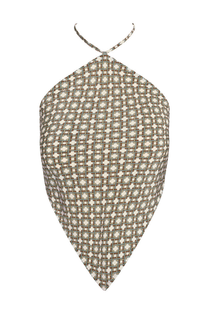 Front view of Prato Top Tile Geo Silk halter showing high neckline, adjustable tie strap, and brown geometric print on white background