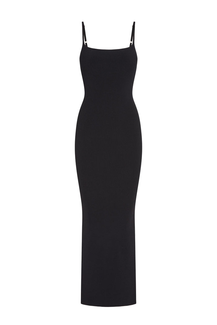 Front view of Provence Dress showing black ribbed knit, slim fitted silhouette and thin adjustable straps on white background