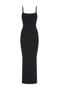 Front view of Provence Dress showing black ribbed knit, slim fitted silhouette and thin adjustable straps on white background