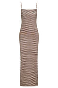 Front view of Provence Dress Husk Geo showcasing bodycon fit, square neckline and adjustable spaghetti straps on white background