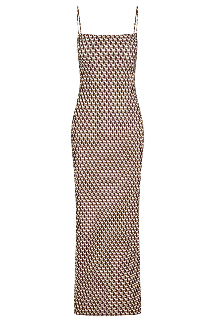Front view of Provence Dress Husk Geo showcasing bodycon fit, square neckline and adjustable spaghetti straps on white background