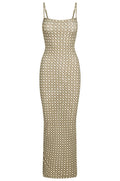 Front of Provence Dress Tile Geo mesh, fitted bodycon with thin straps and all over tile print on white background