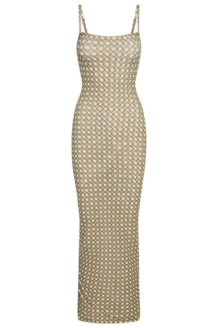 Front of Provence Dress Tile Geo mesh, fitted bodycon with thin straps and all over tile print on white background