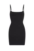 Black ribbed bodycon mini dress with thin adjustable shoulder straps and square neckline