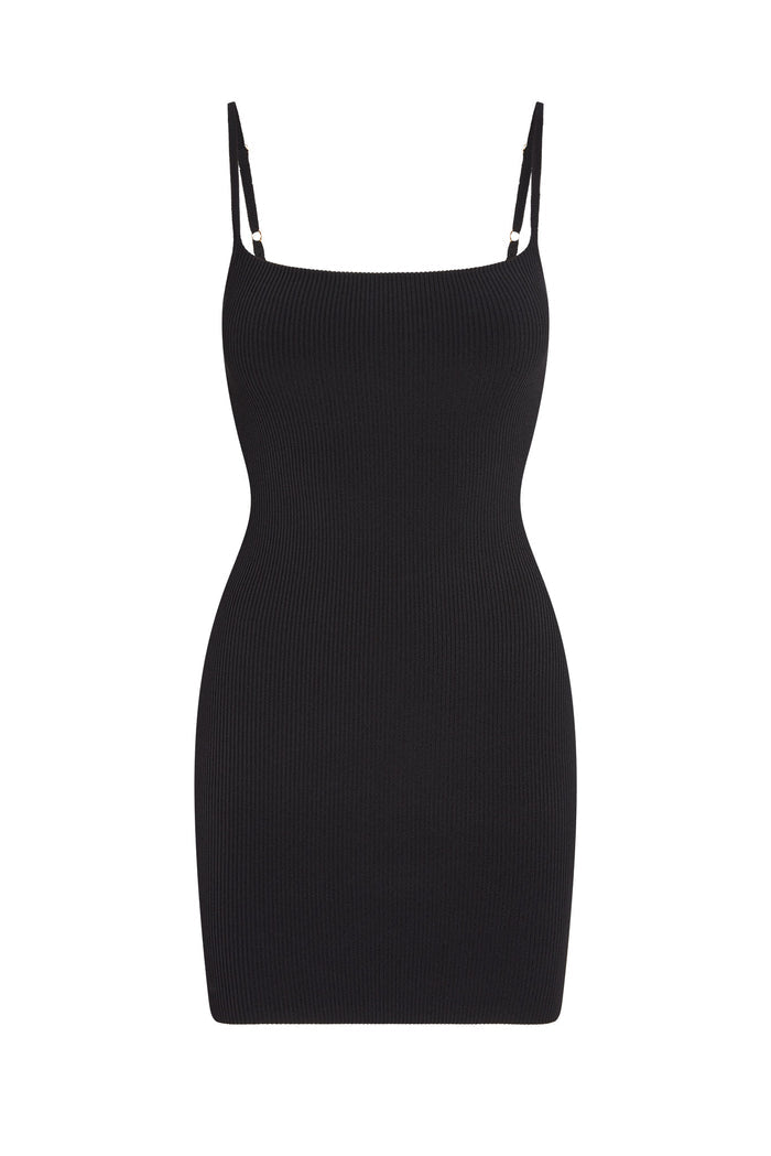Black ribbed bodycon mini dress with thin adjustable shoulder straps and square neckline