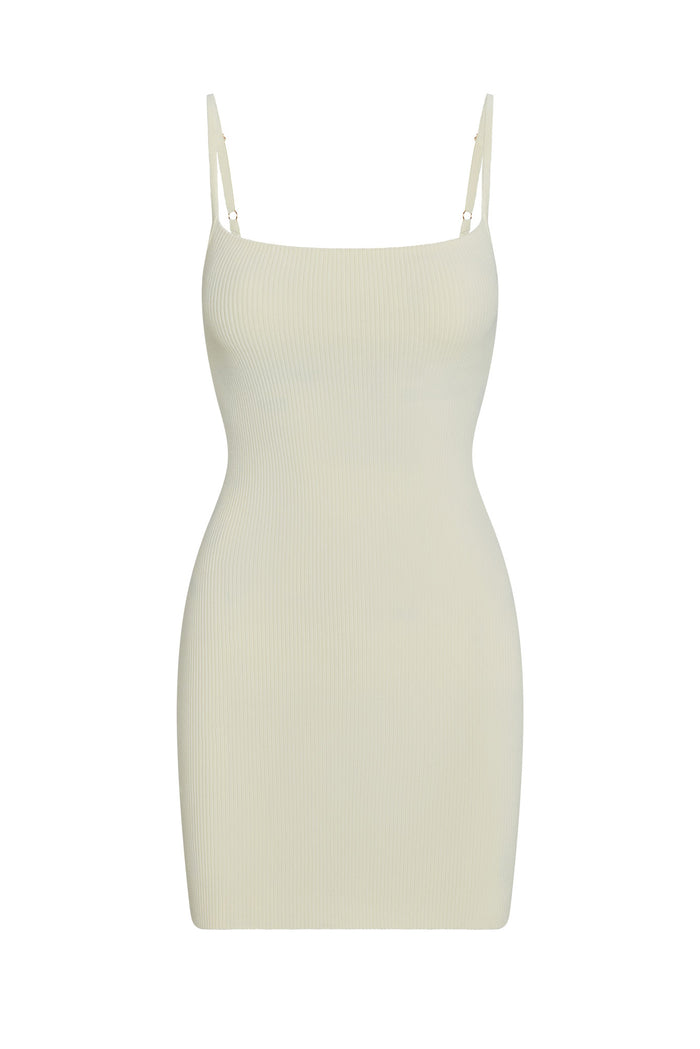 Ribbed cream bodycon mini dress with adjustable spaghetti straps