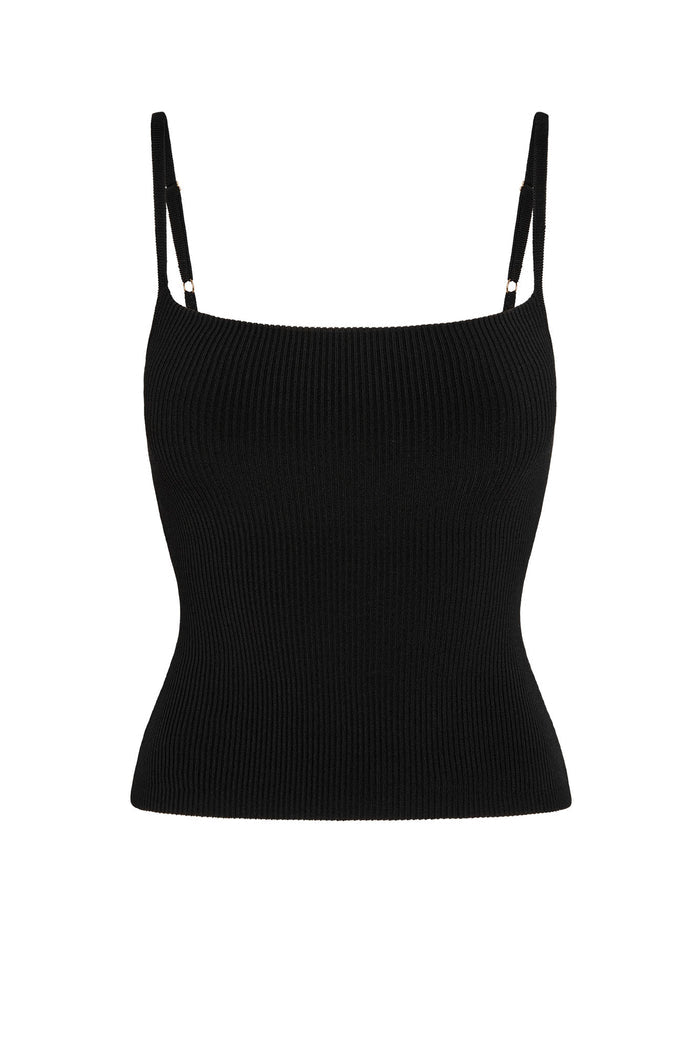 Black ribbed knit camisole with adjustable spaghetti straps