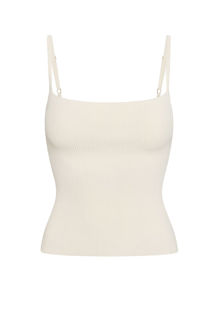 Ribbed cream camisole with thin adjustable straps and square neckline
