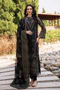 Black organza embroidered long shirt by NAQSHI with keyhole neckline, beadwork, crystal hangings, straight PK raw silk trousers, and formal dupatta.