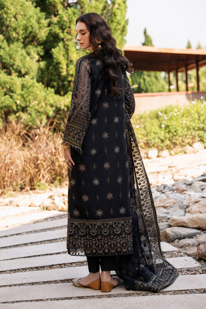 Back view of NAQSHI Qirat black formal outfit showing detailed embroidery, long shirt cut, and elegant organza fabric flow.