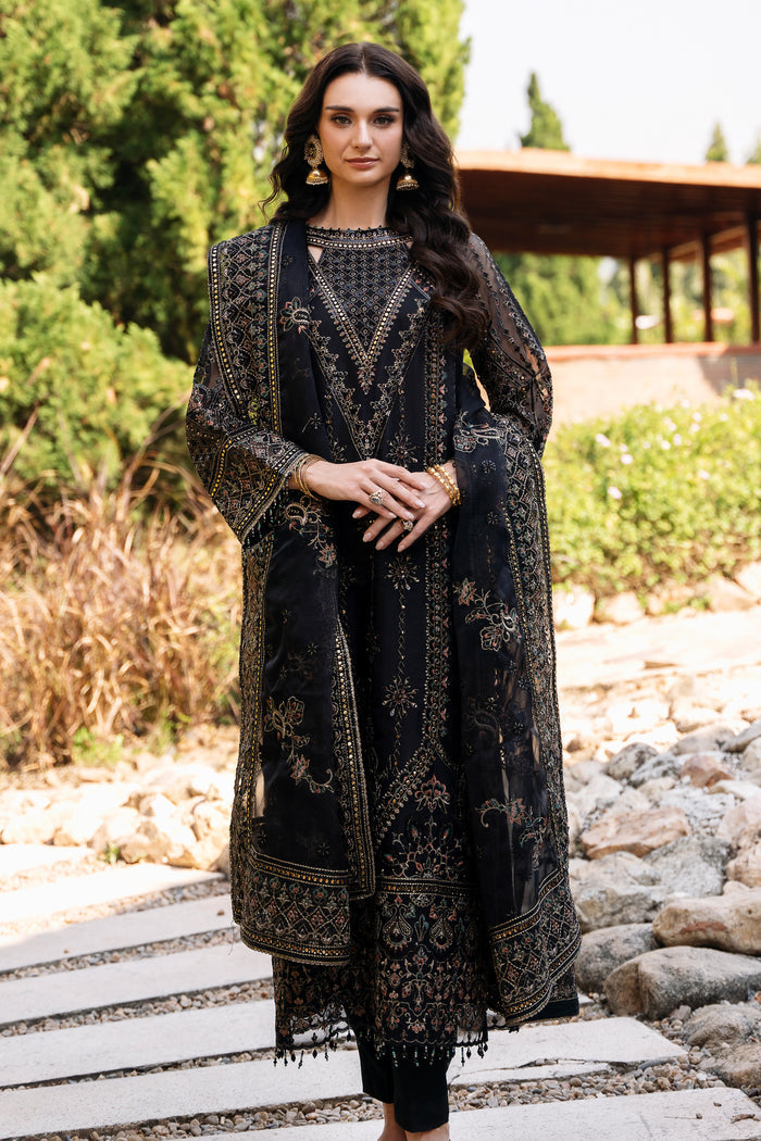Front view of NAQSHI Qirat black 3PC ready-to-wear outfit highlighting geometric and floral embroidery with refined evening styling.