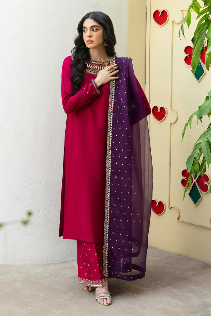 Side profile of NAQSHI Raima showing straight cutline, minimal hand-adda embroidery on sleeves with contrasting piping, and glimpse of embroidered sequin culottes.