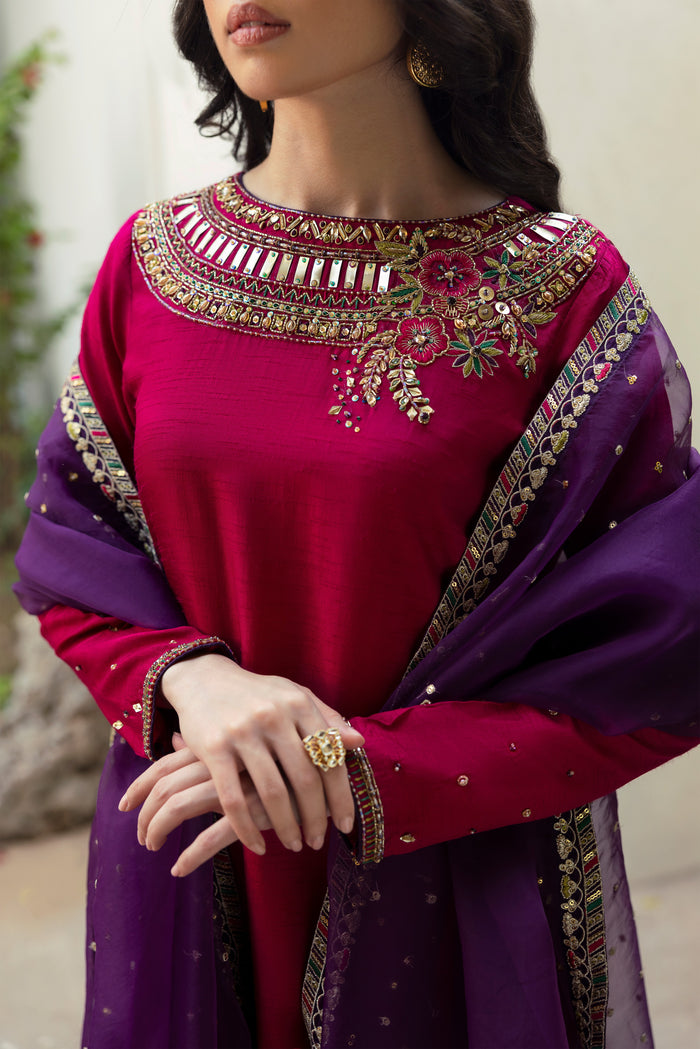 Detailed shot of NAQSHI Raima sleeve cuff with minimal hand-adda, contrasting thread texture and piping, echoing neckline style.