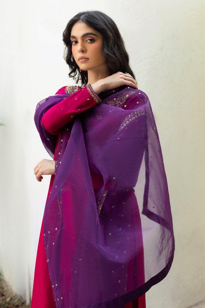 NAQSHI Raima purple organza dupatta draped to highlight sequin spray, lengthwise embroidered border with contrasting colors & sequin work.
