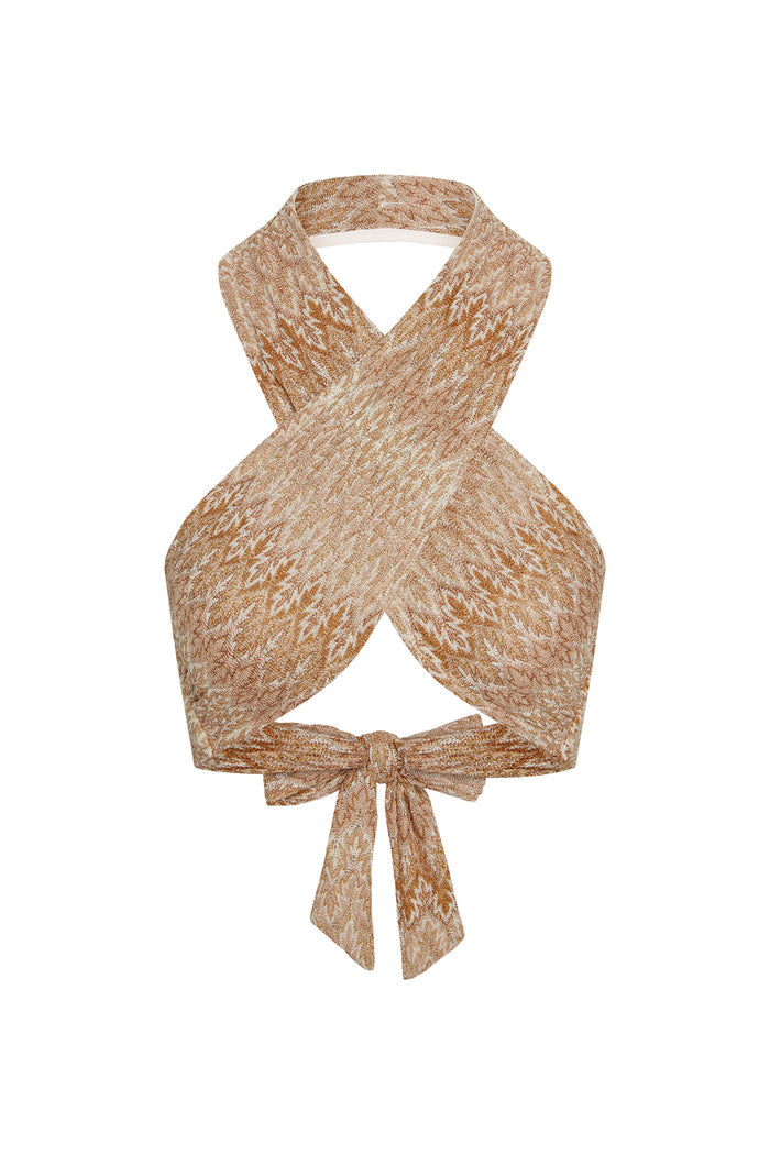Front view of Ramatuelle Top in Porto Cervo Gold with crossover halter neckline, textured knit and tie-back on white background