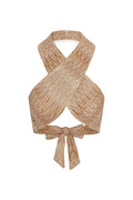Front view of Ramatuelle Top in Porto Cervo Gold with crossover halter neckline, textured knit and tie-back on white background