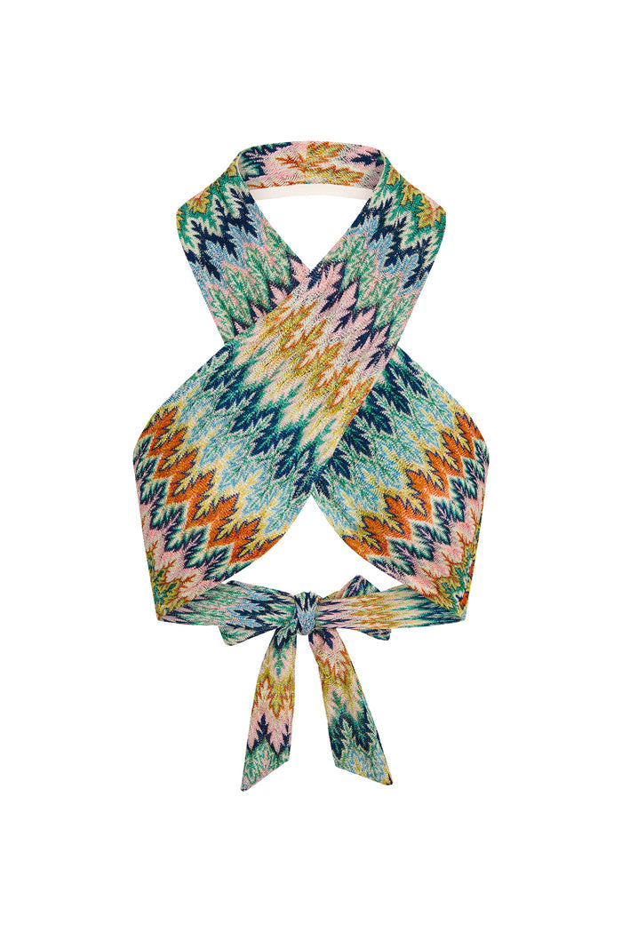 Front view of Ramatuelle Top Porto Cervo multi with crisscross halter, multicolor zigzag knit and tie back on white