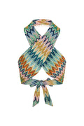 Front view of Ramatuelle Top Porto Cervo multi with crisscross halter, multicolor zigzag knit and tie back on white