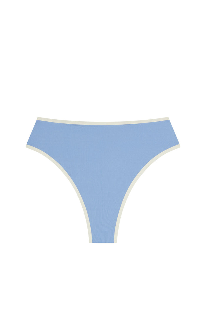 Front view of Ravello Bottom in azure with ivory binding showing high-waisted, high-cut leg and cheeky coverage on white background