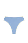 Front view of Ravello Bottom in azure with ivory binding showing high-waisted, high-cut leg and cheeky coverage on white background